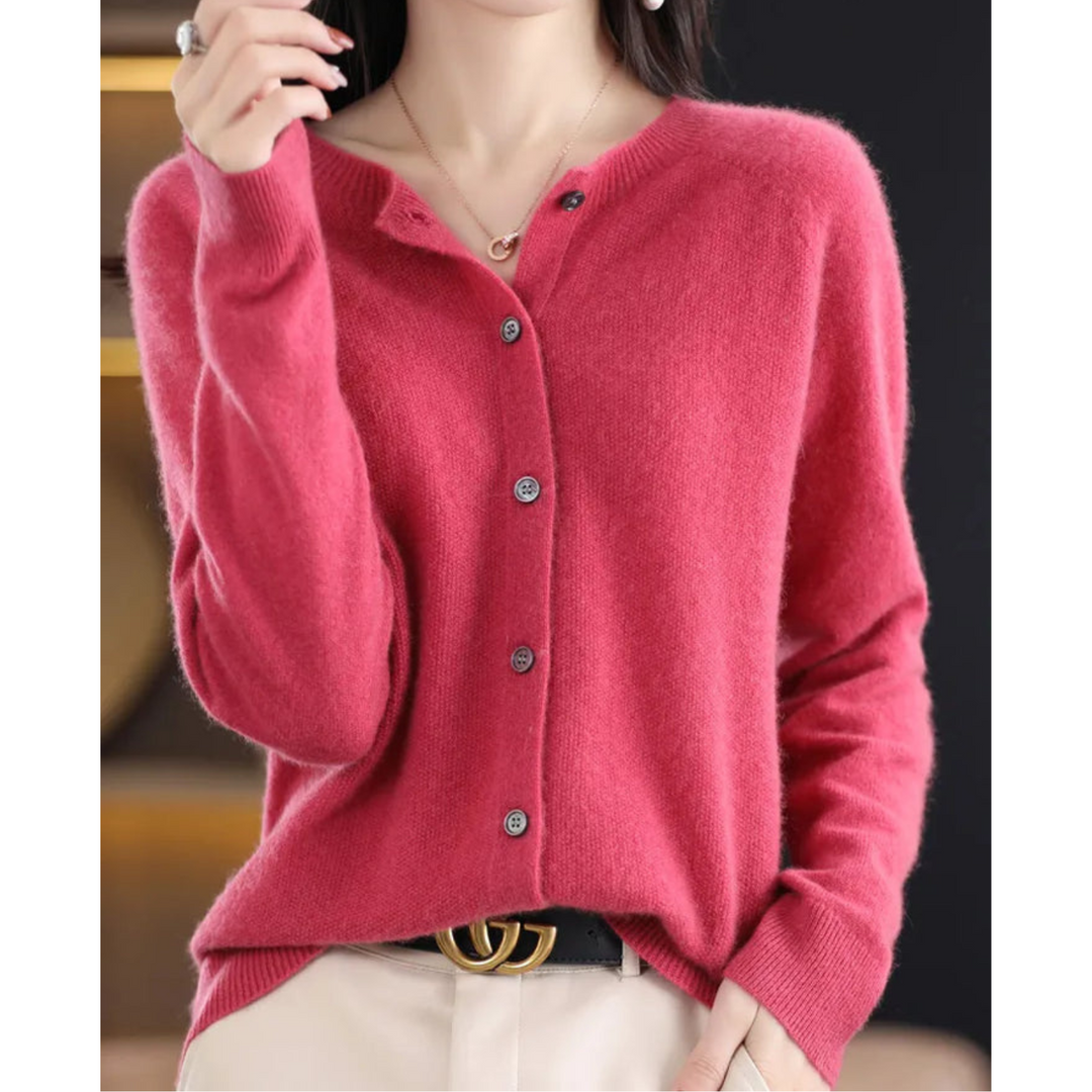 Elegant women's O-neck button-front cardigan, perfect for office or casual layering.