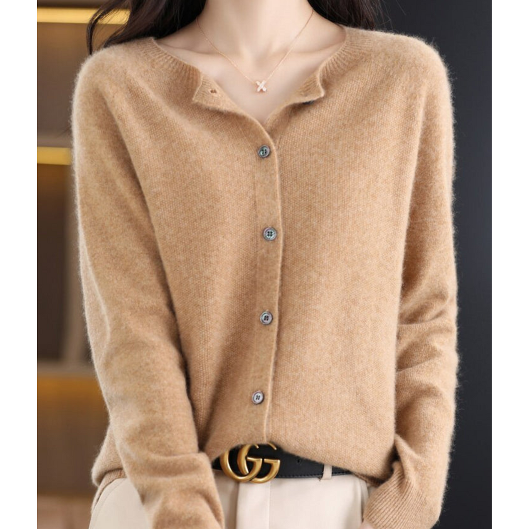 Soft women's button-front cardigan, an O-neck silhouette perfect for relaxed yet chic outfits.