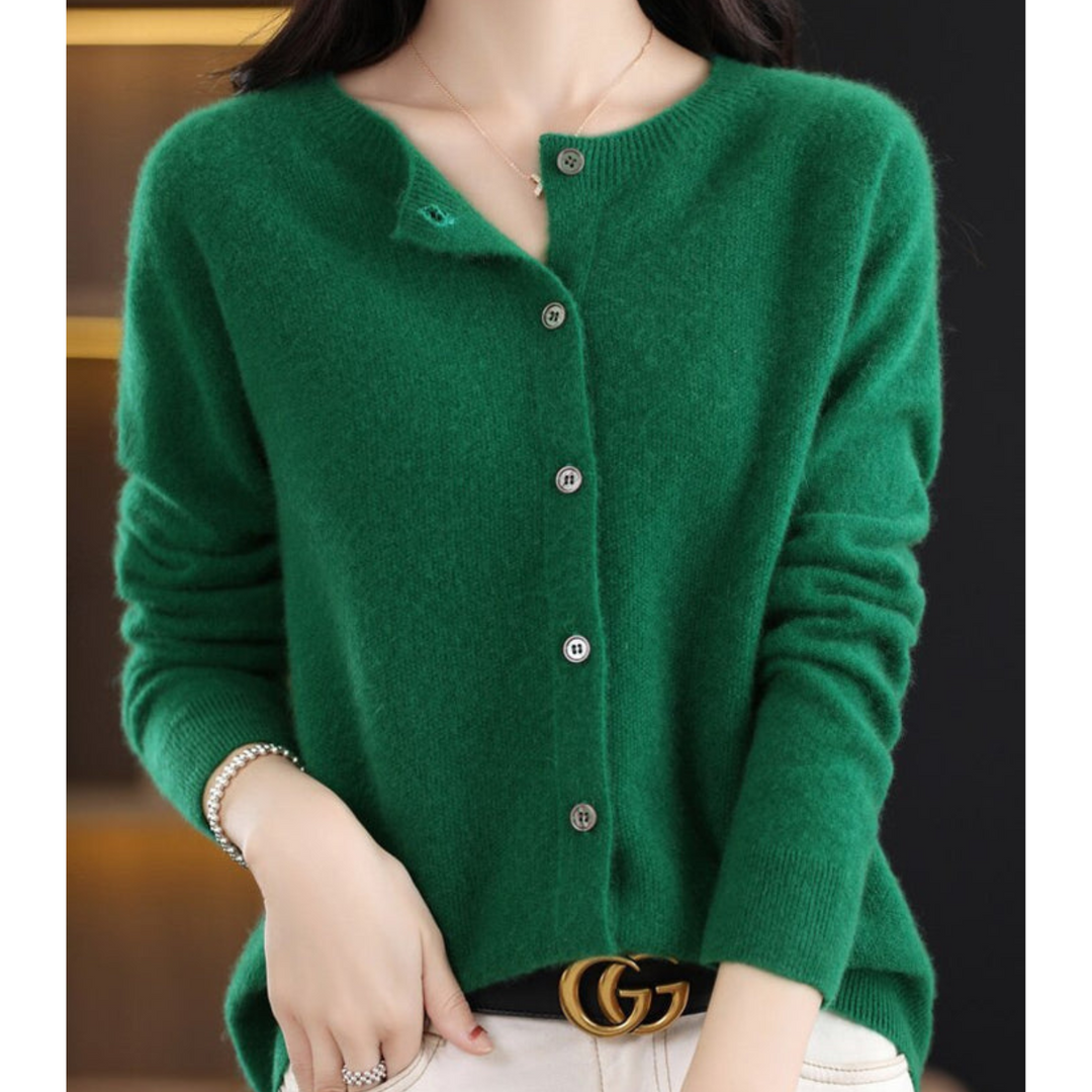 Stylish women's long-sleeve O-neck cardigan, designed with a practical and elegant button front.