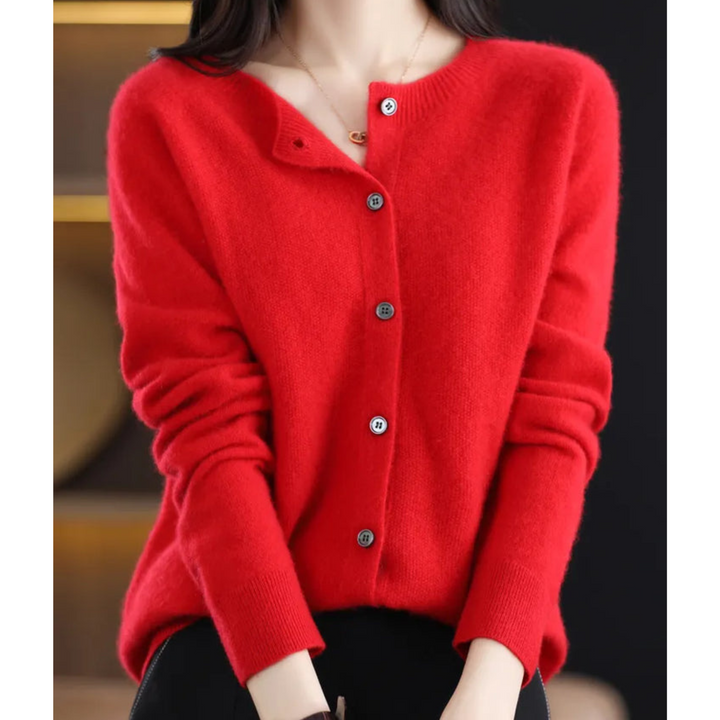 Professional women's O-neck cardigan, with a refined button front for the office environment.