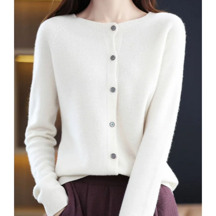 Chic women's relaxed-fit cardigan, an O-neck design with functional button closure.