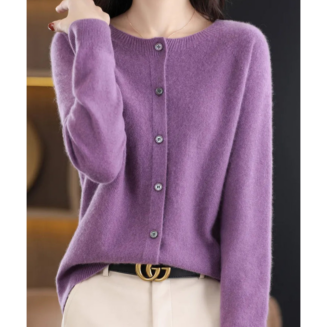 Classic women's office wear cardigan, featuring an O-neck and elegant button front design.