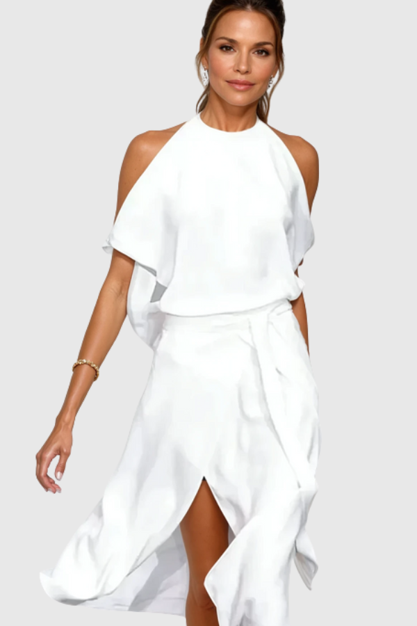 Elegant women's off-shoulder asymmetric midi dress, perfect for cocktail parties & evening events. Available in white, gray, black.