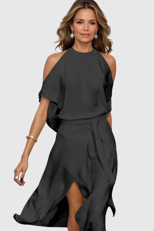 Stylish women's asymmetric midi dress with off-shoulder design. A chic modern party or evening dress in multiple colors.