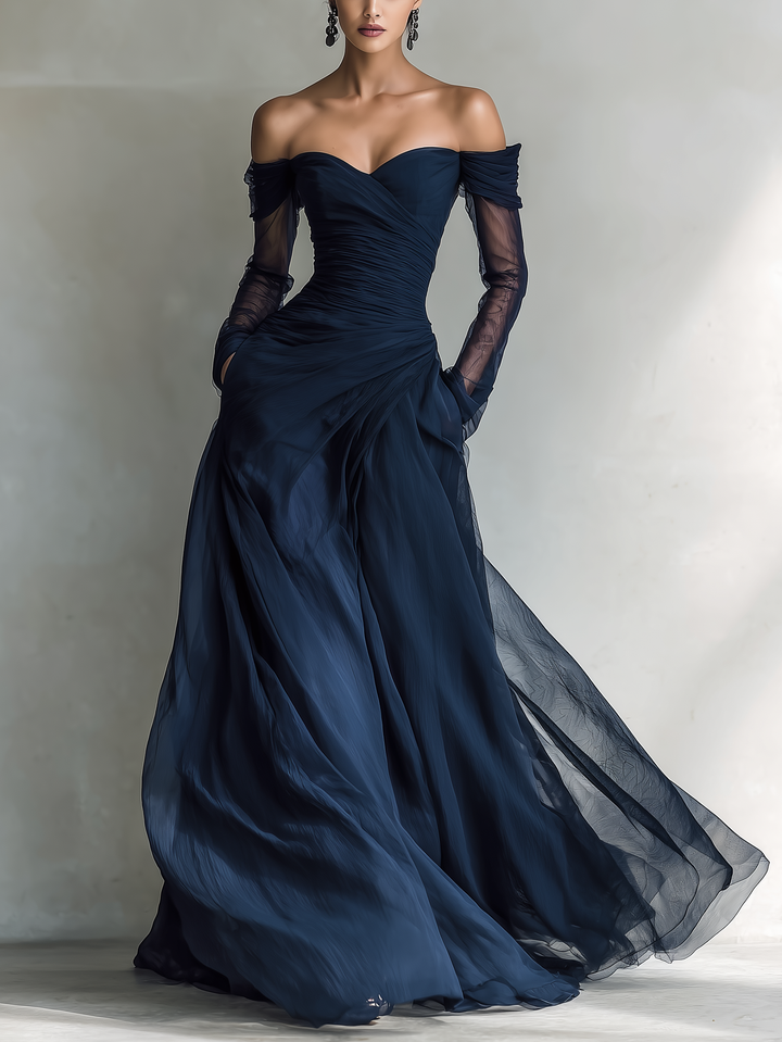Elegant women's off-shoulder fitted maxi dress for formal evening events or romantic wedding guest attire.