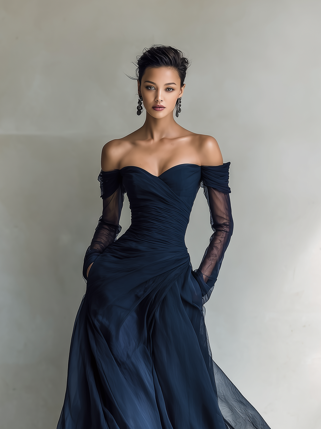 Chic long sleeve off-shoulder maxi dress, perfect as a fitted evening gown for cocktail parties & special occasions.