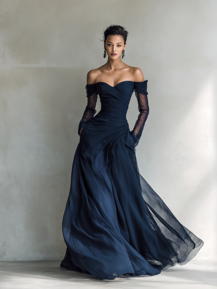 Floor-length fitted off-shoulder maxi dress, a sophisticated choice for formal wear & elegant wedding guest outfits.