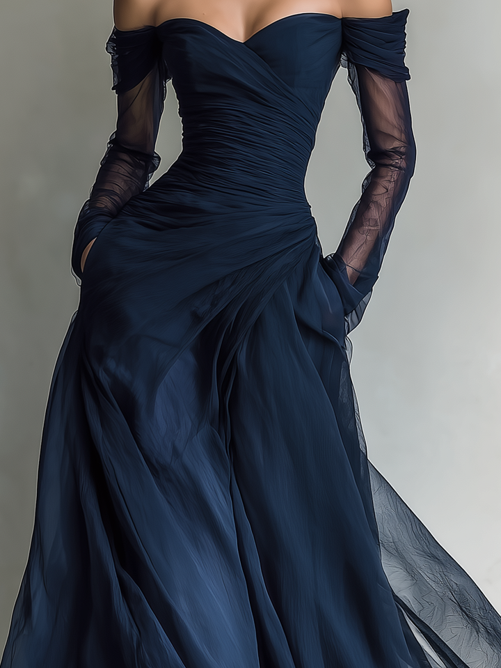 Romantic women's long sleeve off-shoulder fitted maxi dress, ideal for special occasion and evening wear.