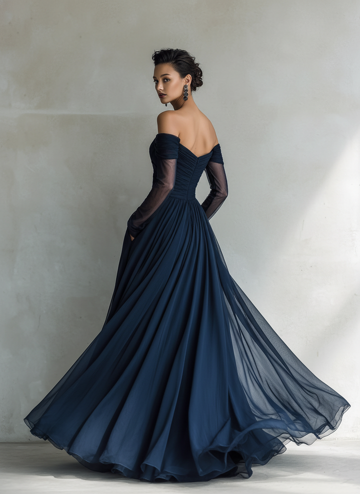 Women's elegant off-shoulder fitted maxi dress with long sleeves, perfect for formal evening parties & galas.