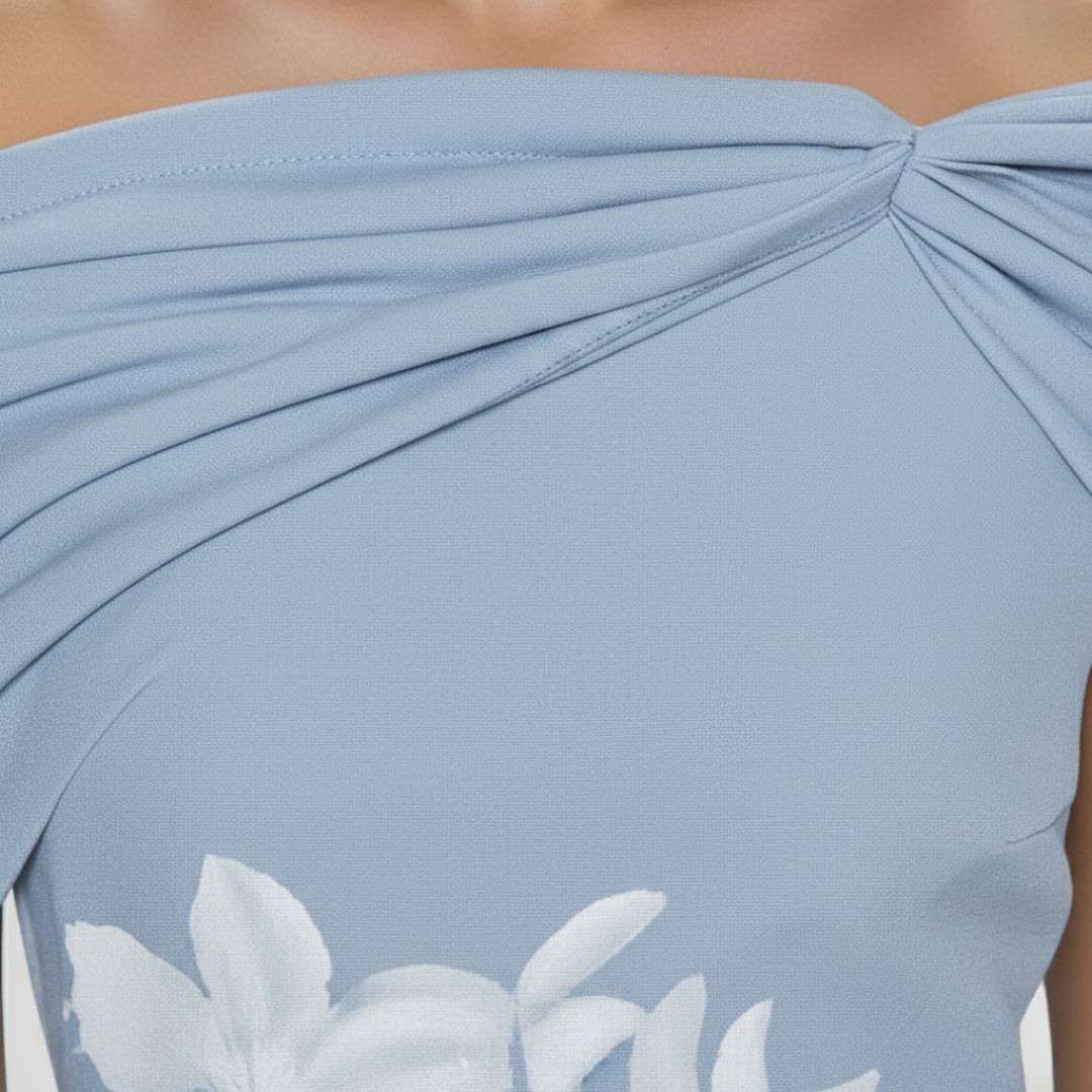 Chic women's off-shoulder floral midi dress, an elegant choice for formal events and occasion wear.