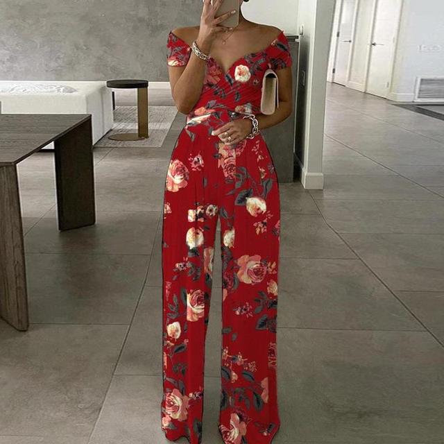 Versatile women's off-shoulder floral jumpsuit, ideal for a casual chic look, elegant party, or vacation.
