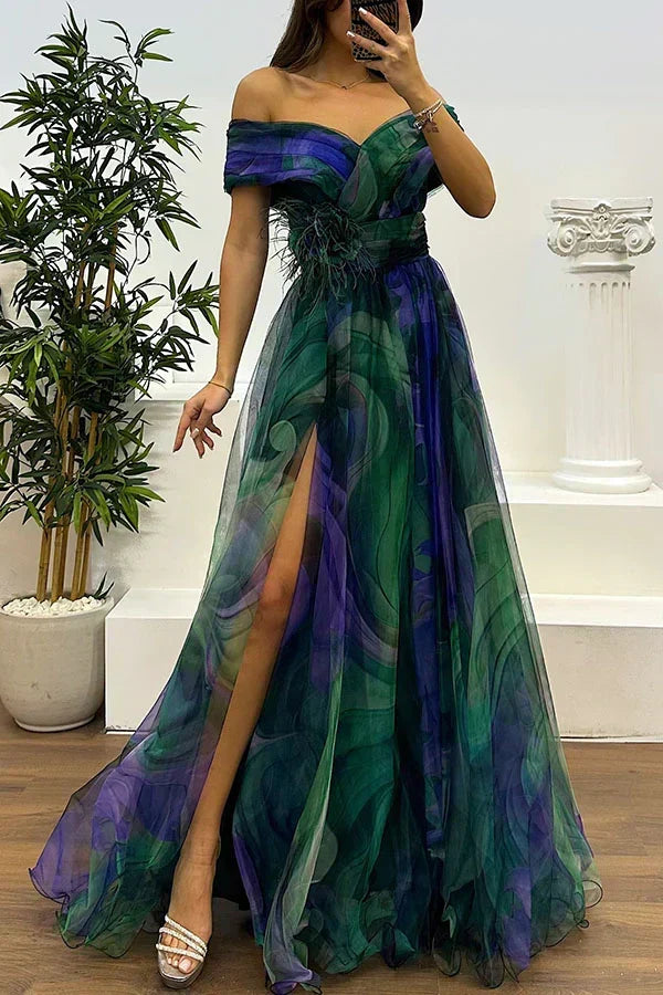 Flowing off-shoulder maxi dress for women, ideal as a formal evening gown or special occasion party dress.