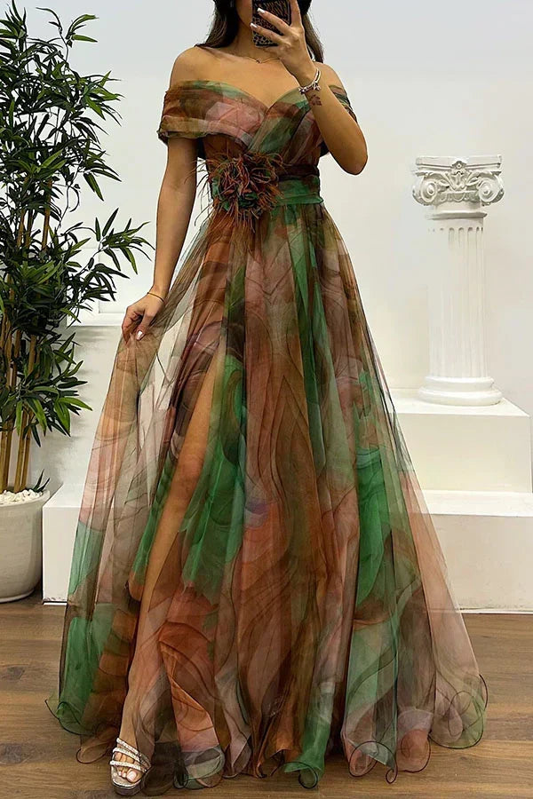 Chic women's off-shoulder long dress, an elegant formal gown perfect for cocktail parties or special events.