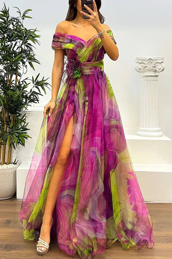 Stunning women's off-shoulder maxi formal dress, an elegant long evening gown suitable for special occasions.