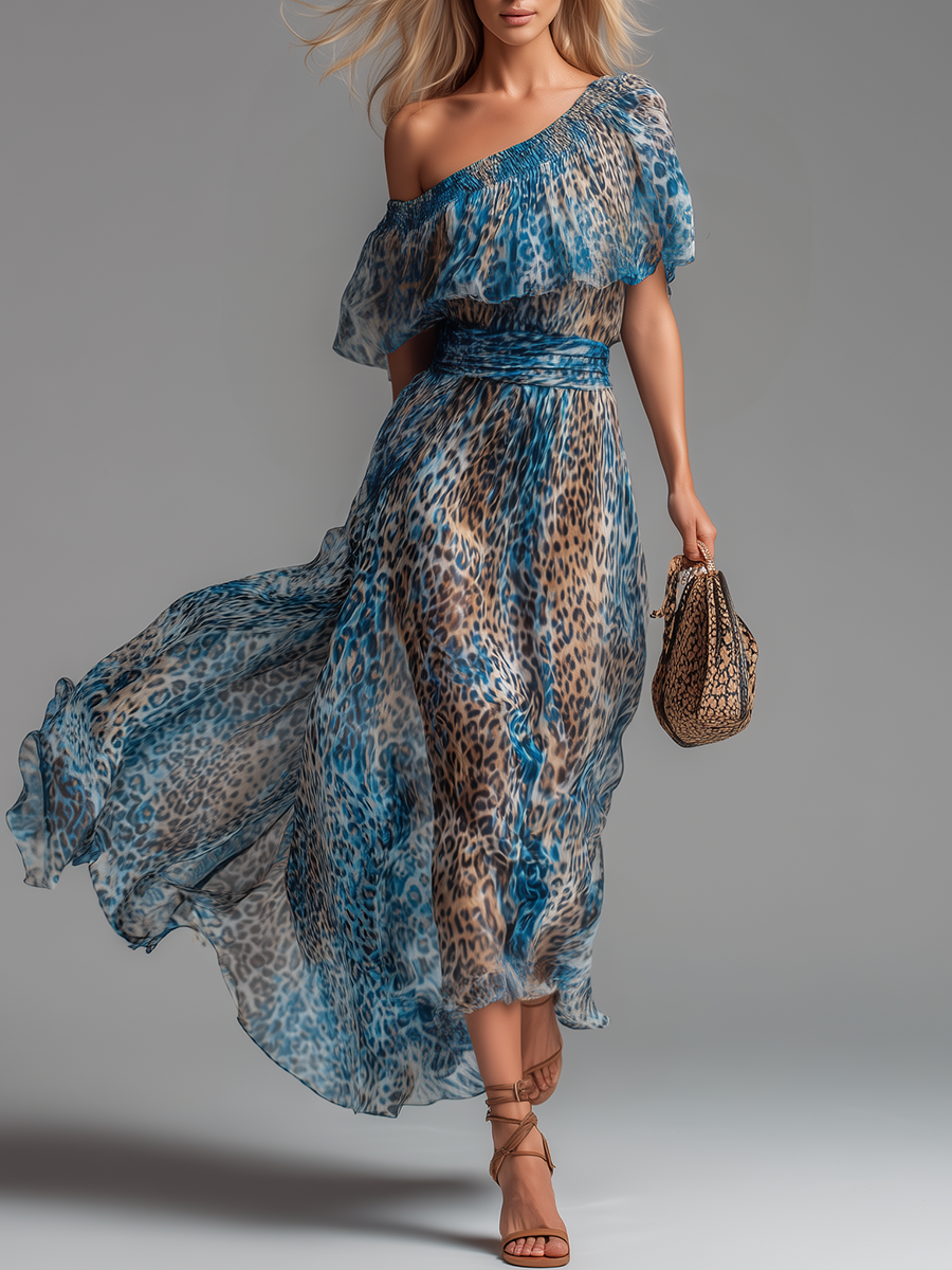 Elegant women's off-shoulder leopard print maxi dress, perfect for evening or party wear. Stylish & flowy.