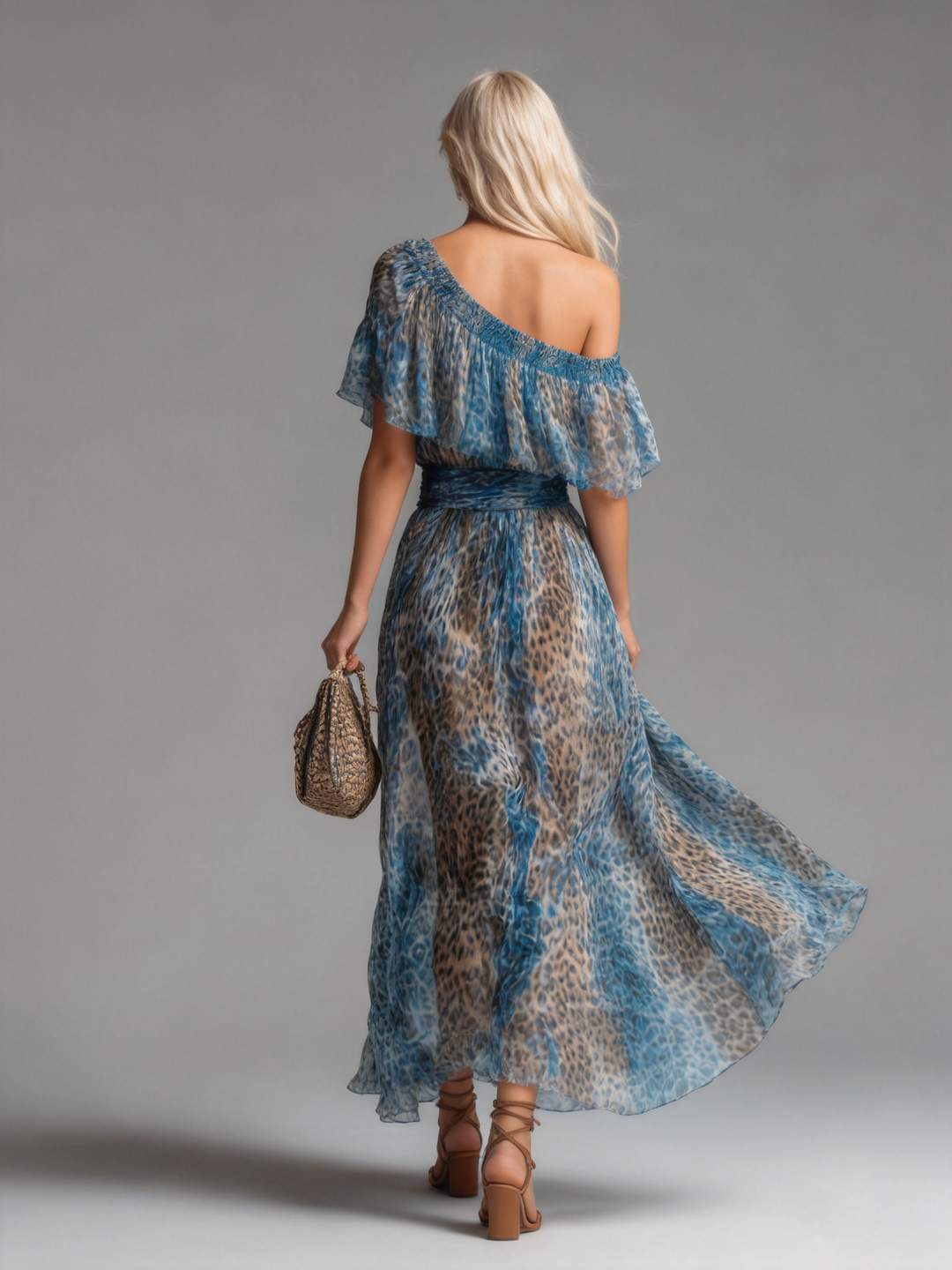 Versatile women's off-shoulder short sleeve maxi dress with a chic leopard print, ideal for day or evening.