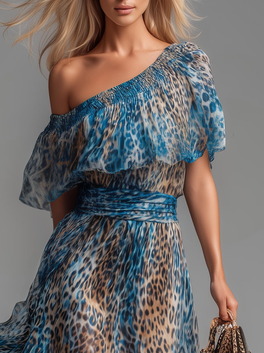Flowy women's off-shoulder maxi dress featuring a beautiful leopard print, an elegant and stylish day or party dress.