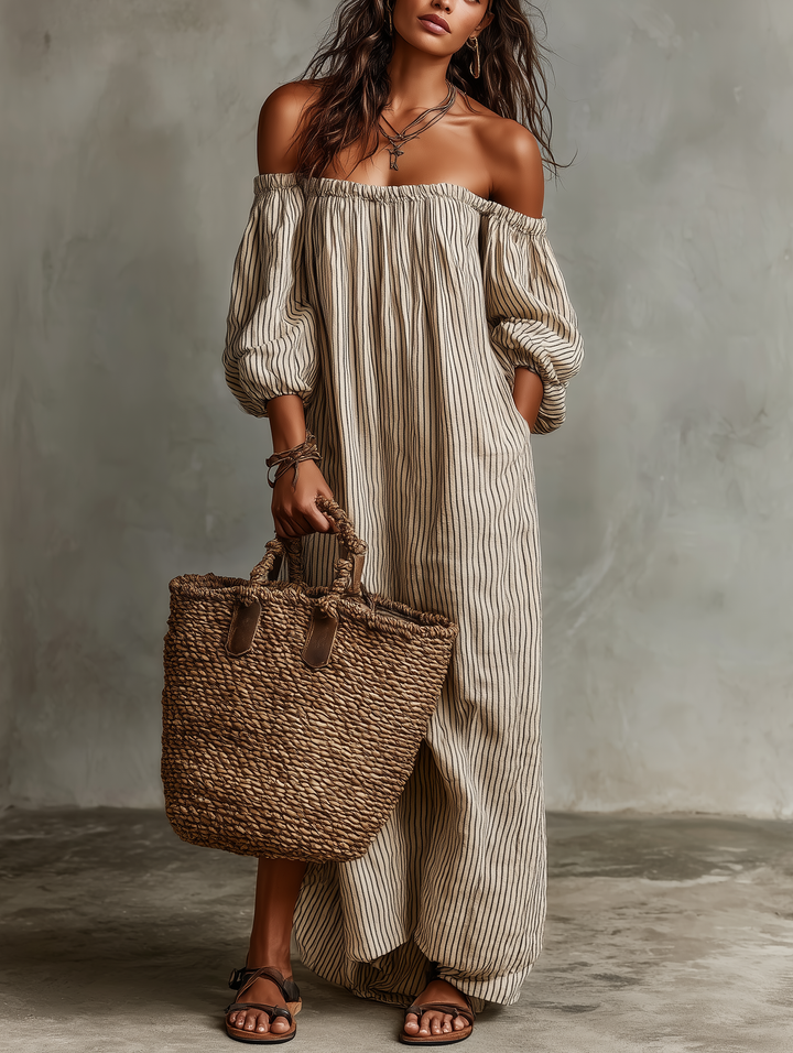 Elegant women's off-shoulder long sleeve maxi dress, perfect for sophisticated resort wear and vacations.