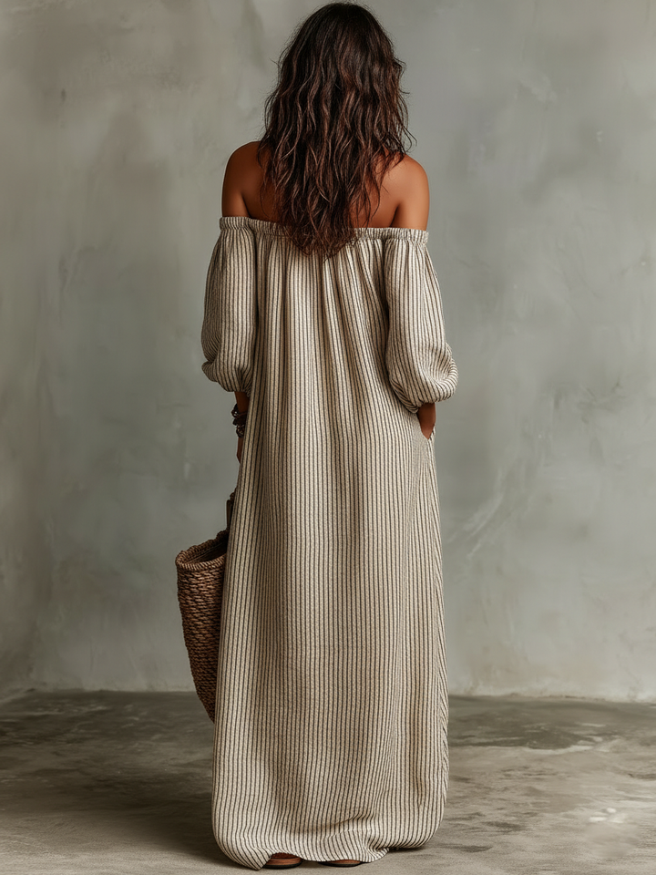 Flowing off-shoulder long sleeve maxi dress for women, ideal for beach, travel, and spring casual fashion.