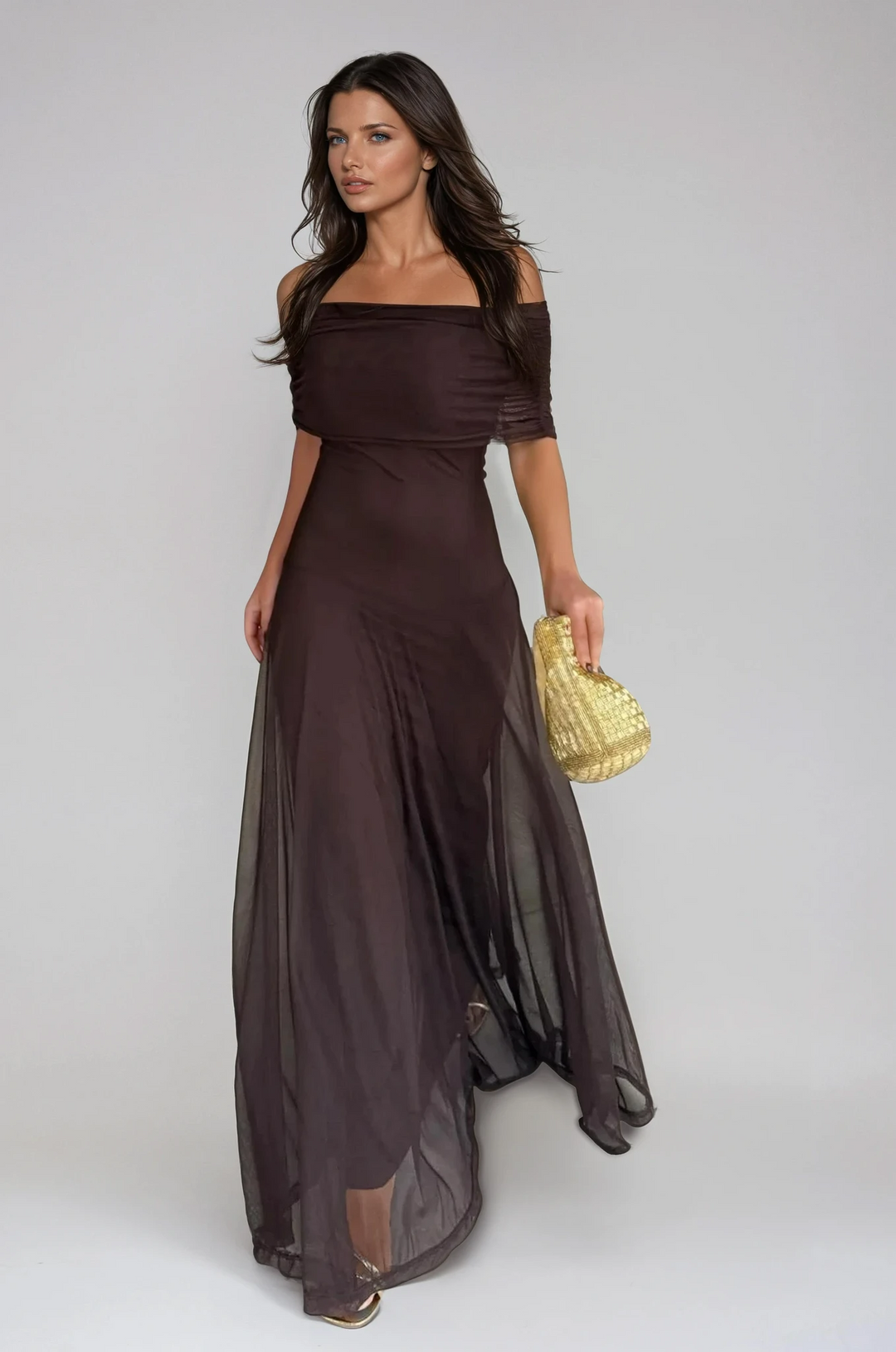 Elegant women's off-shoulder maxi dress, perfect for evening events.