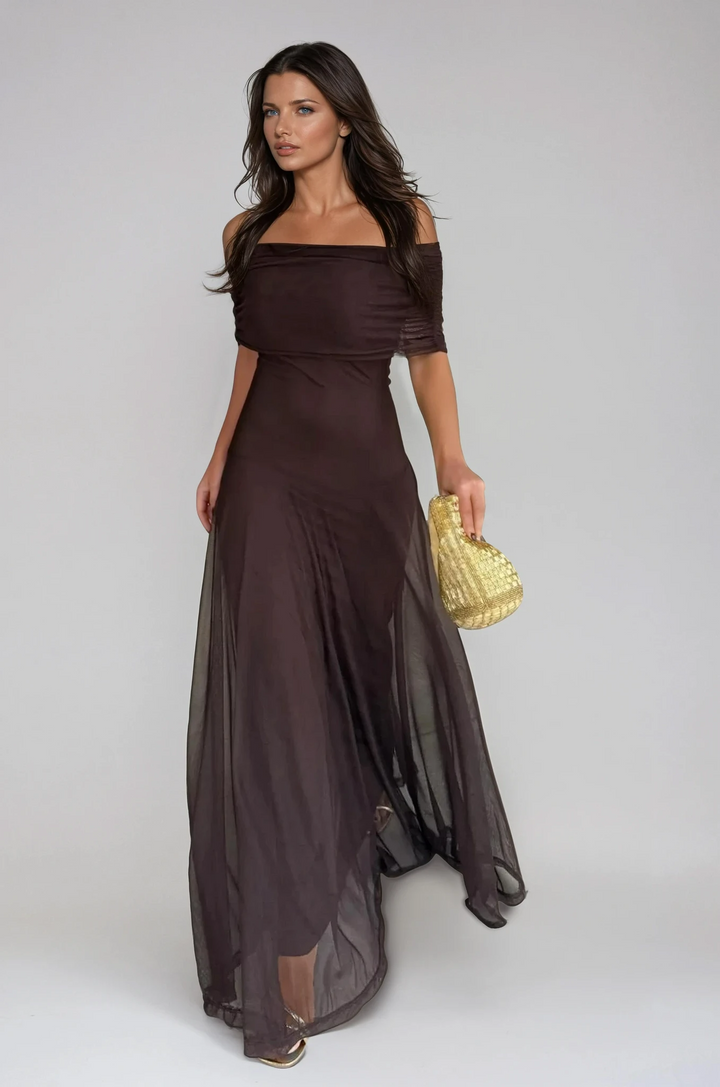 Elegant women's off-shoulder maxi dress, perfect for evening events.