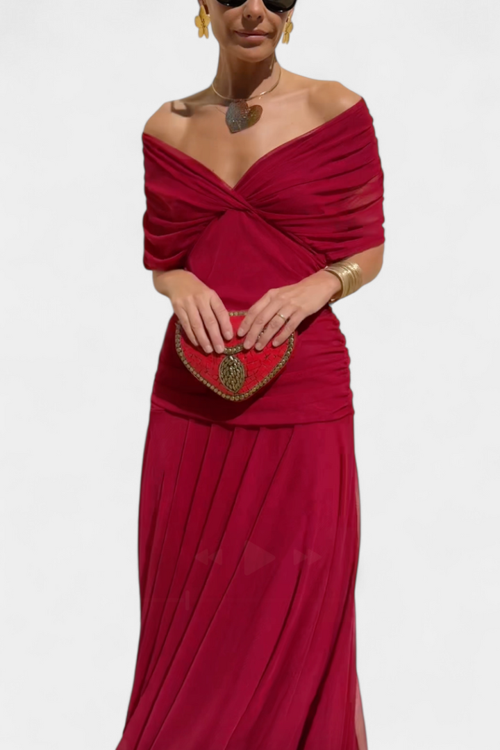 Full-length elegant off-shoulder maxi dress for women, perfect formal wear for special events.