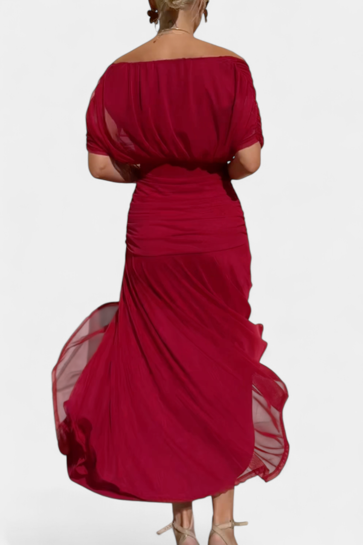 Beautifully draped off-shoulder women's maxi dress, an elegant evening gown for special occasions.