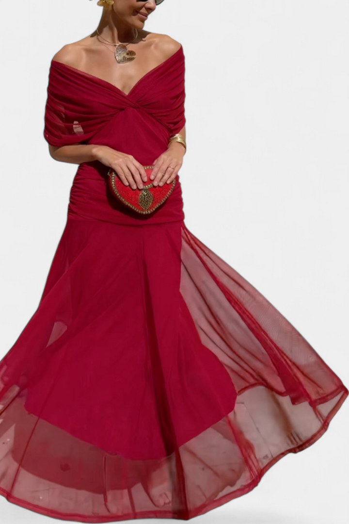 Versatile off-shoulder maxi dress for women, elegant formal & party dress for various events.