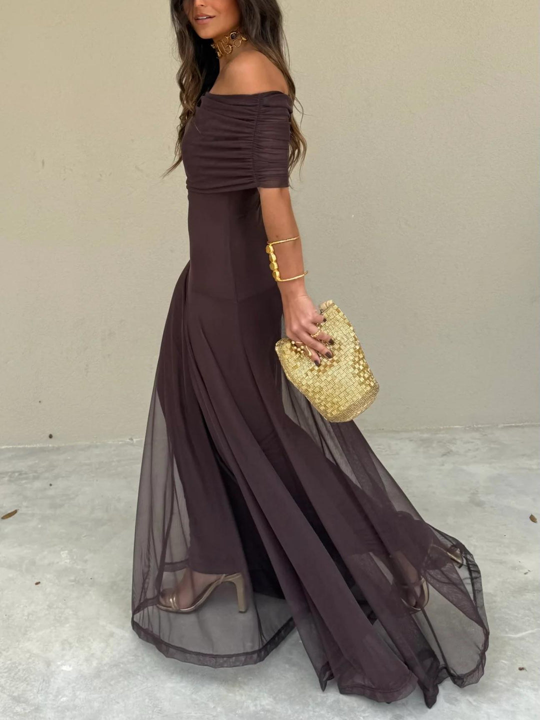 Elegant off-shoulder A-line maxi dress for women, comfortable & stylish for parties.