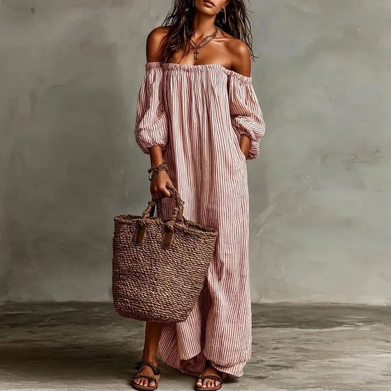Women's off-shoulder maxi dress, a comfortable and elegant choice with fashionable puff sleeves.