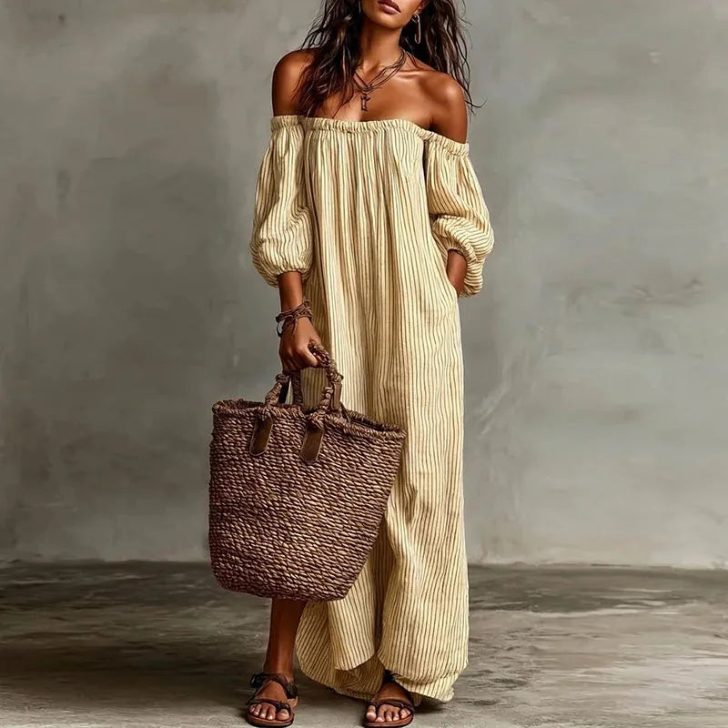Stylish women's puff sleeve maxi dress, off-shoulder design, ideal for a comfortable vacation look.