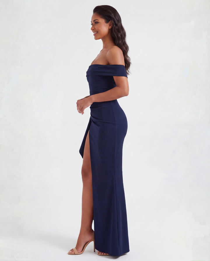 Women's elegant off-shoulder ruched bodycon maxi dress, a stylish formal evening gown for any celebration.