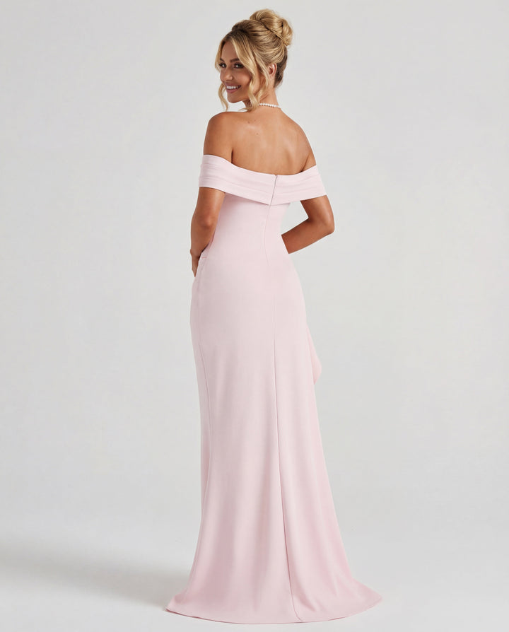 Stunning off-shoulder ruched bodycon maxi dress, ideal as a prom, gala, or wedding guest gown.