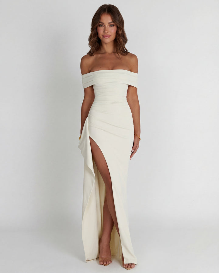 Chic women's off-shoulder bodycon maxi dress with elegant ruching, a sophisticated formal evening gown.