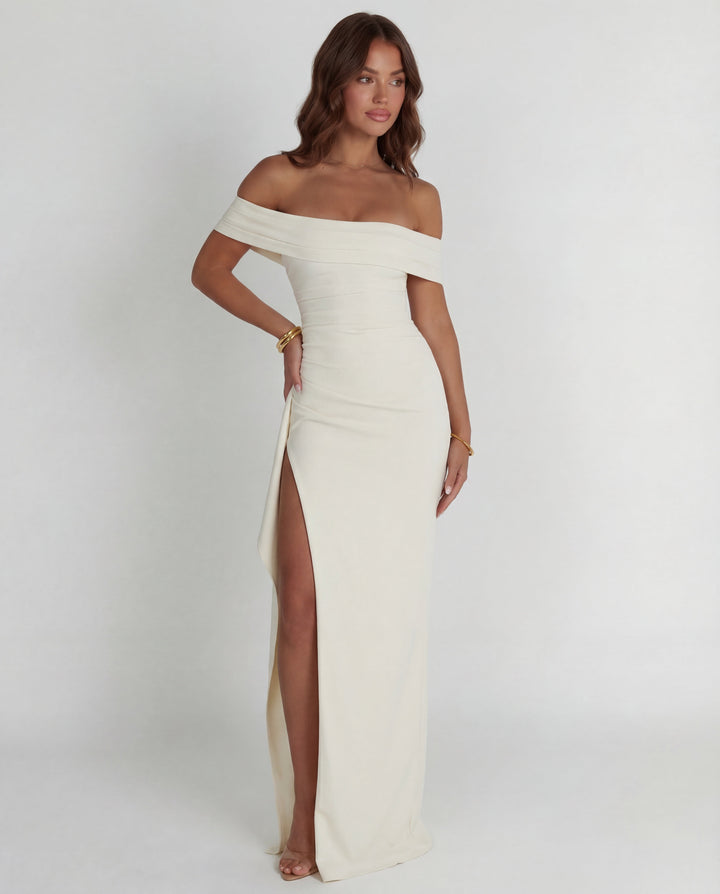 Formal women's off-shoulder ruched bodycon maxi dress, an elegant gown for special occasions.