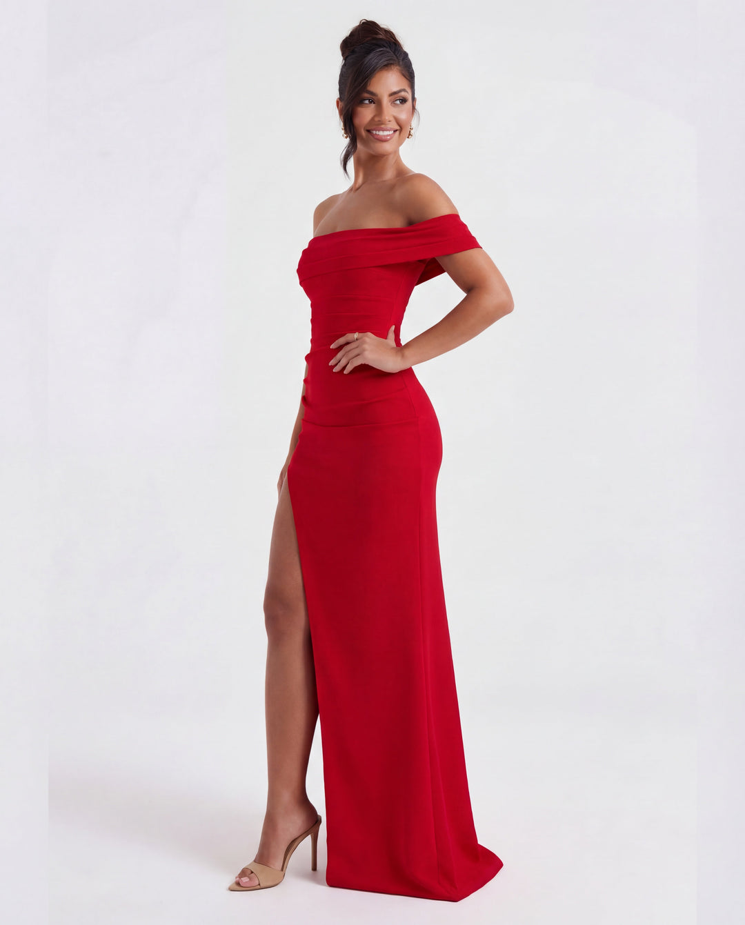 Women's elegant off-shoulder ruched bodycon maxi dress, a sophisticated formal evening gown.