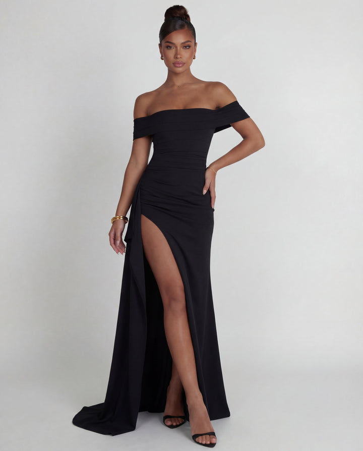 Chic off-shoulder ruched maxi dress for women, perfect as a wedding guest, prom, or gala gown.