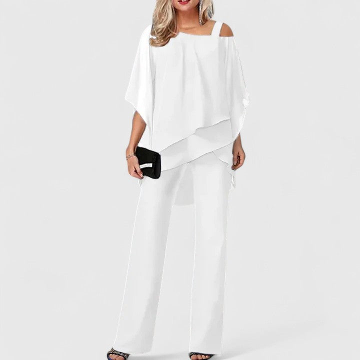 Chic women's wide-leg pants and matching top, a coordinated formal set for parties & special occasions.