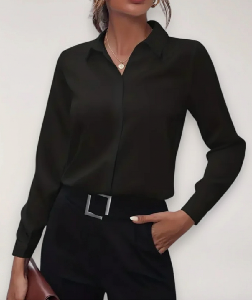 Elegant women's office blouse, professional long-sleeve button-down top, perfect for business casual wear.