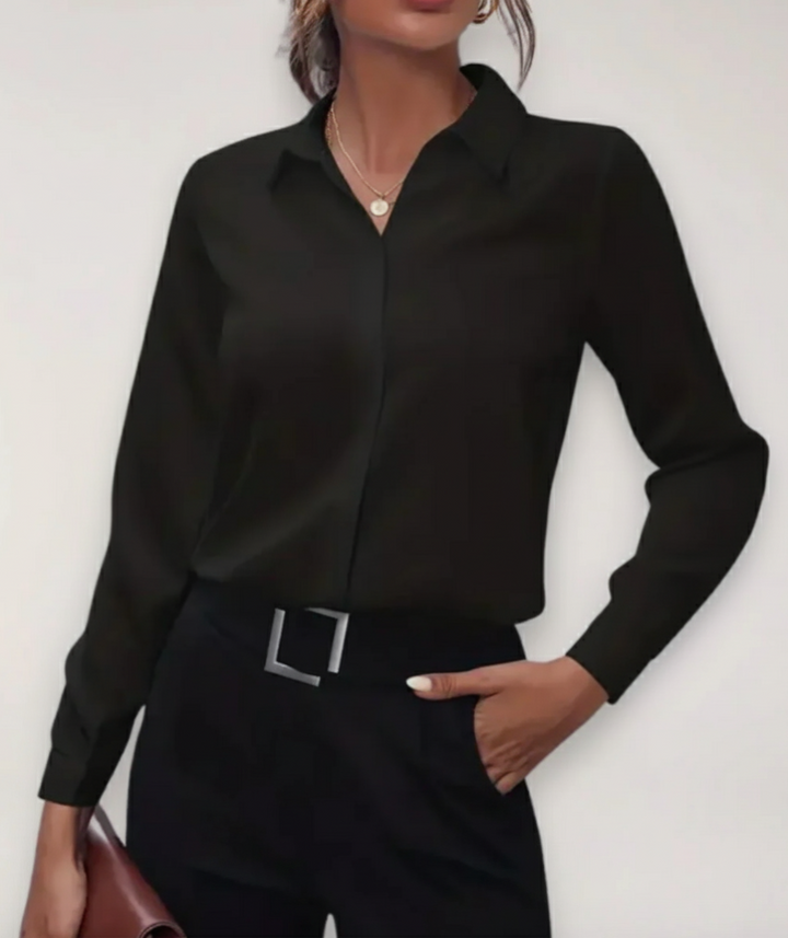 Elegant women's office blouse, professional long-sleeve button-down top, perfect for business casual wear.