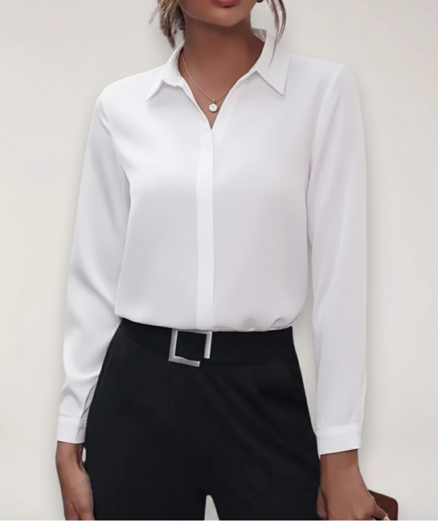 Classic women's professional blouse, a long-sleeve button-down shirt offering elegant style for office wear.
