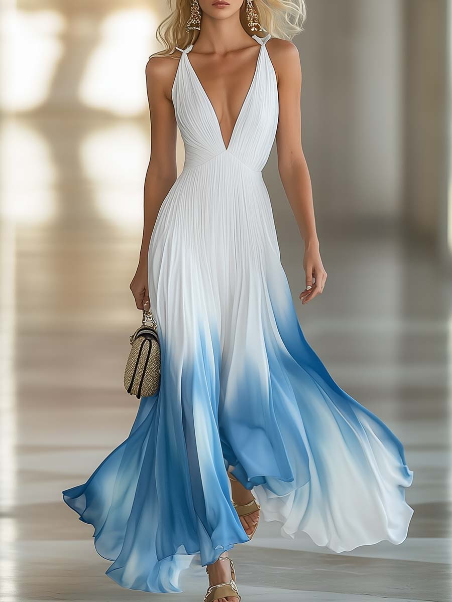 Elegant women's ombre pleated V-neck maxi dress with tie straps, perfect for evening events & special occasions.