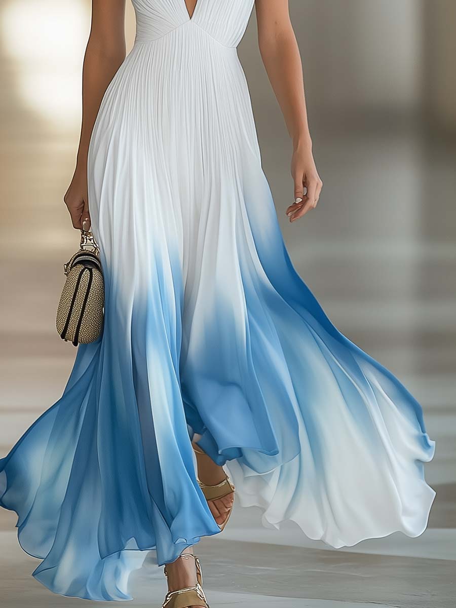 Gradient ombre pleated V-neck maxi dress for women, an elegant tie-strap evening gown for formal events.