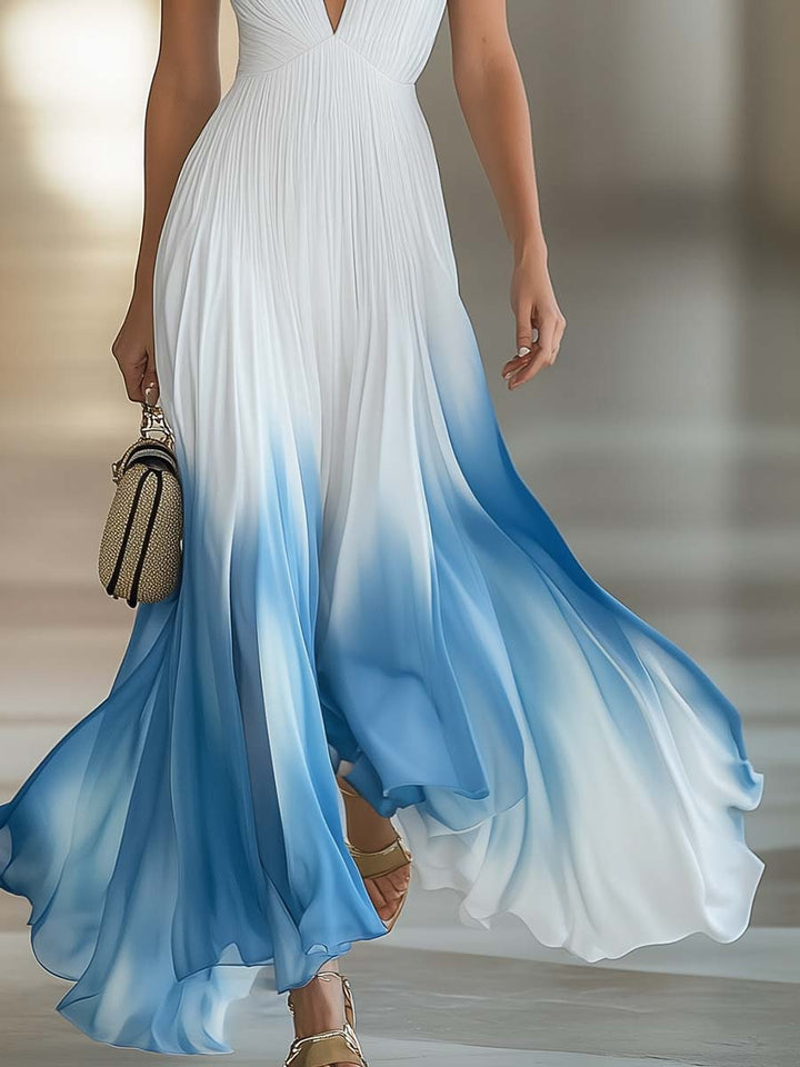 Gradient ombre pleated V-neck maxi dress for women, an elegant tie-strap evening gown for formal events.