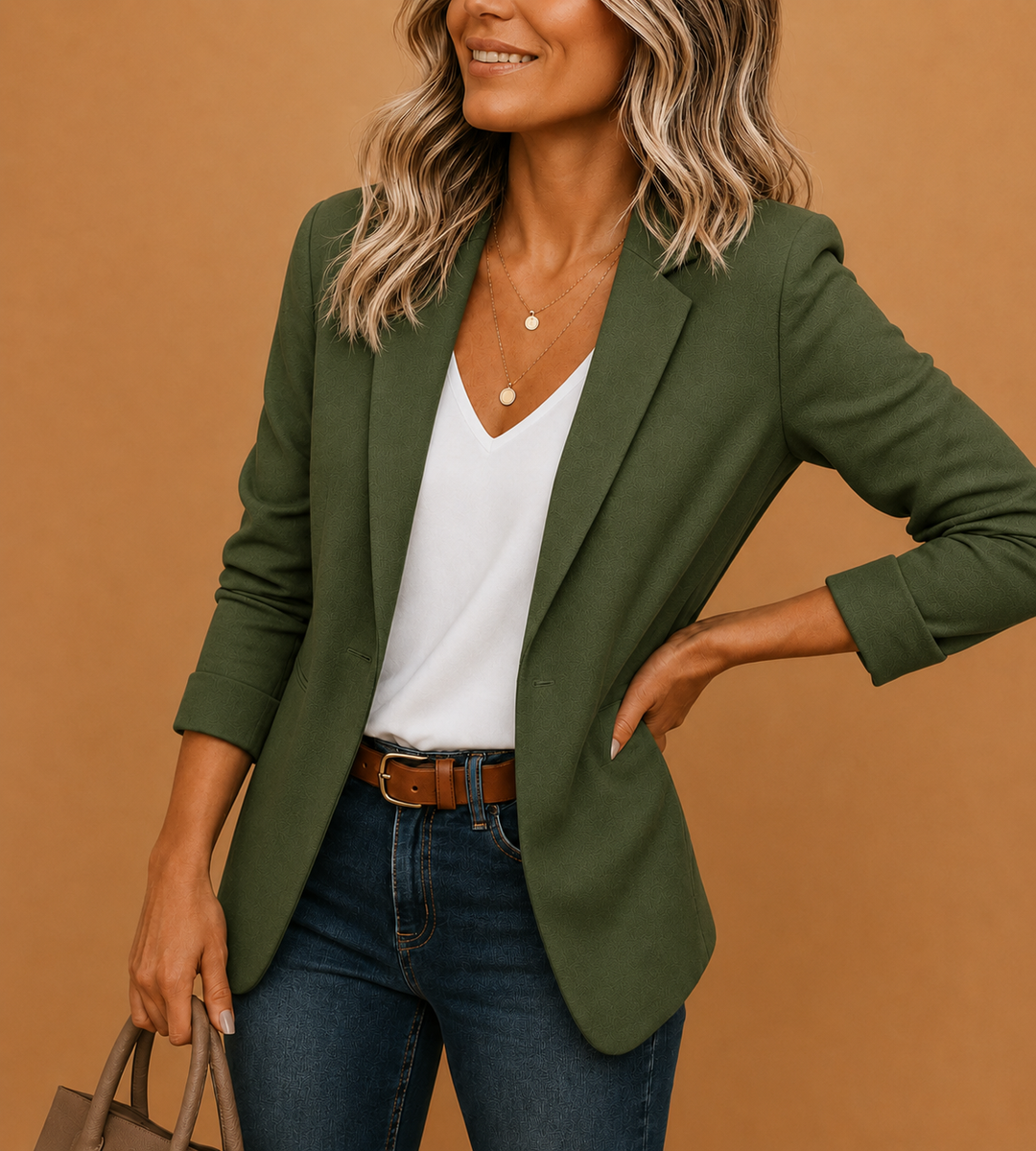 High-quality women's one-button tailored blazer, an elegant jacket for modern business casual fashion.