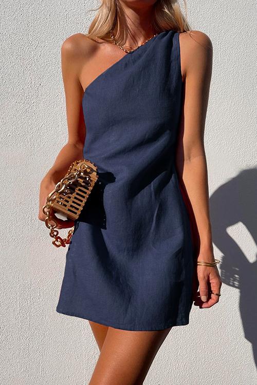 Modern women's one-shoulder sleeveless mini dress with elegant draped detailing. A chic choice for summer style & parties.