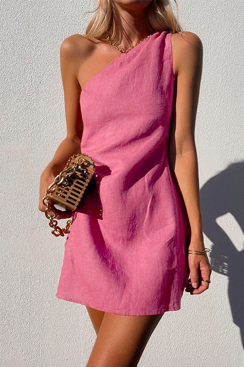Stylish women's one-shoulder draped mini dress. Elegant design makes it perfect for summer parties, vacation, or casual chic.