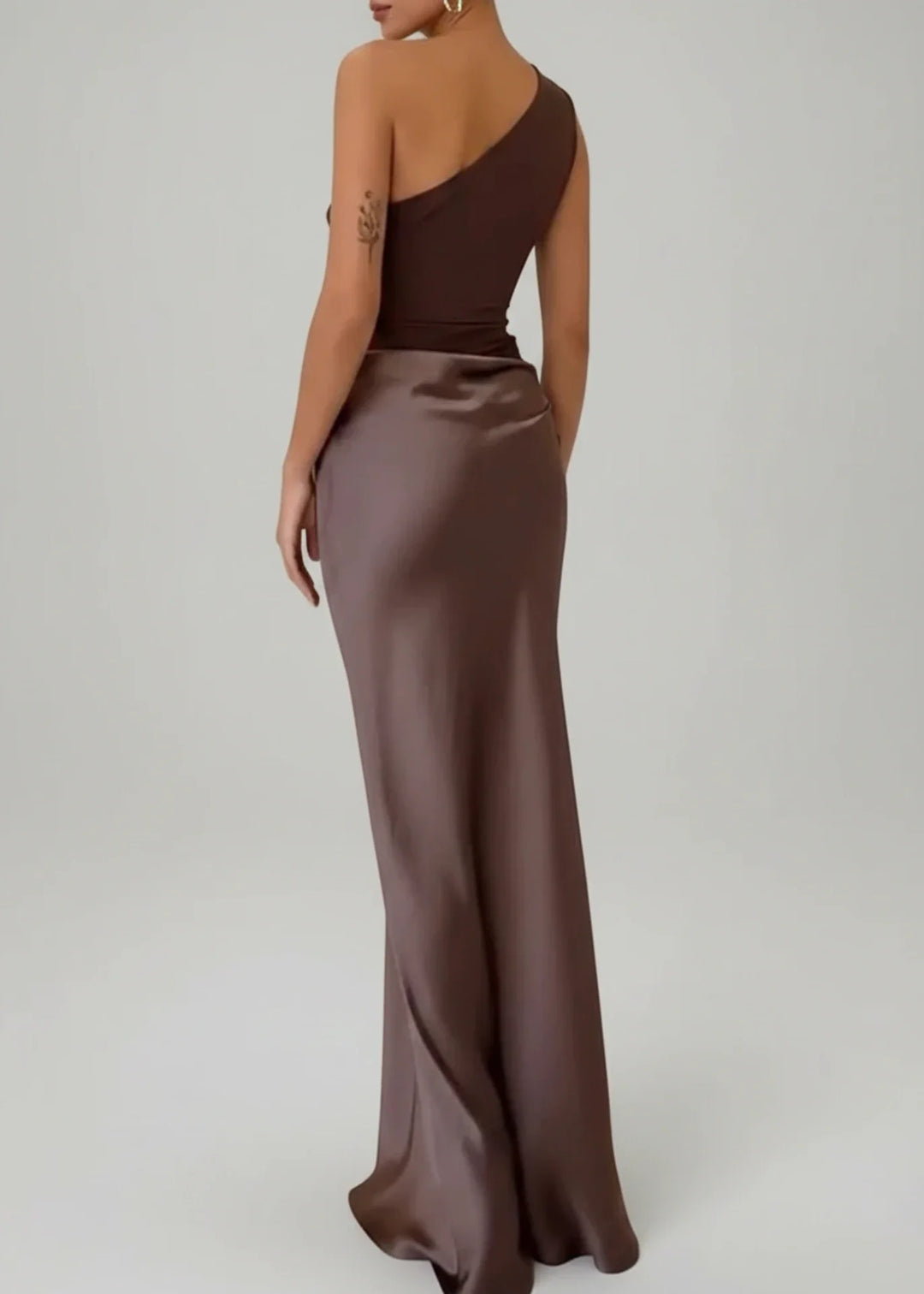 Stunning Matcha Green One Shoulder Maxi Dress, an elegant sleeveless column gown for evening wear and parties.