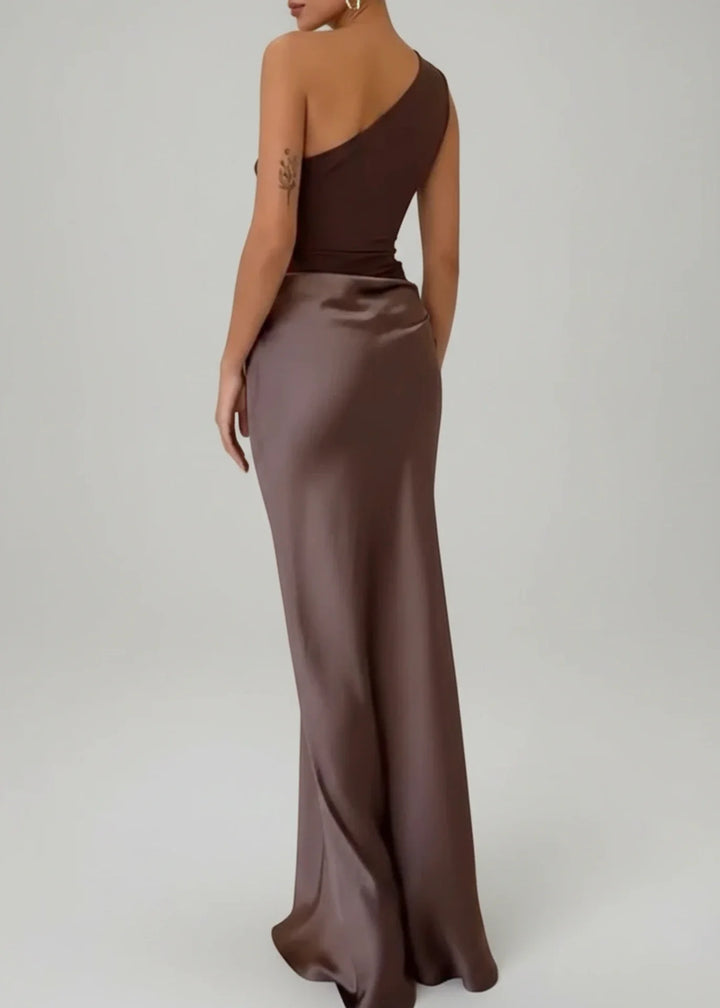 Stunning Matcha Green One Shoulder Maxi Dress, an elegant sleeveless column gown for evening wear and parties.
