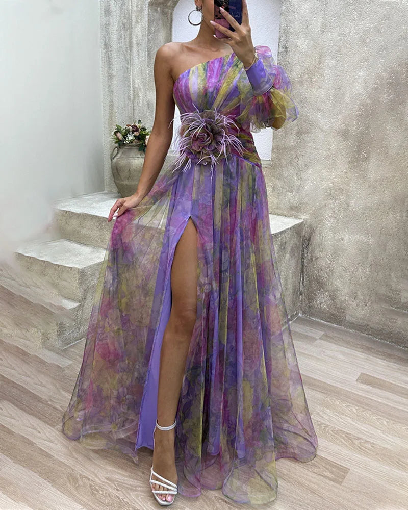 Beautiful floral one-shoulder maxi dress for women, featuring a high slit, ideal for summer parties.